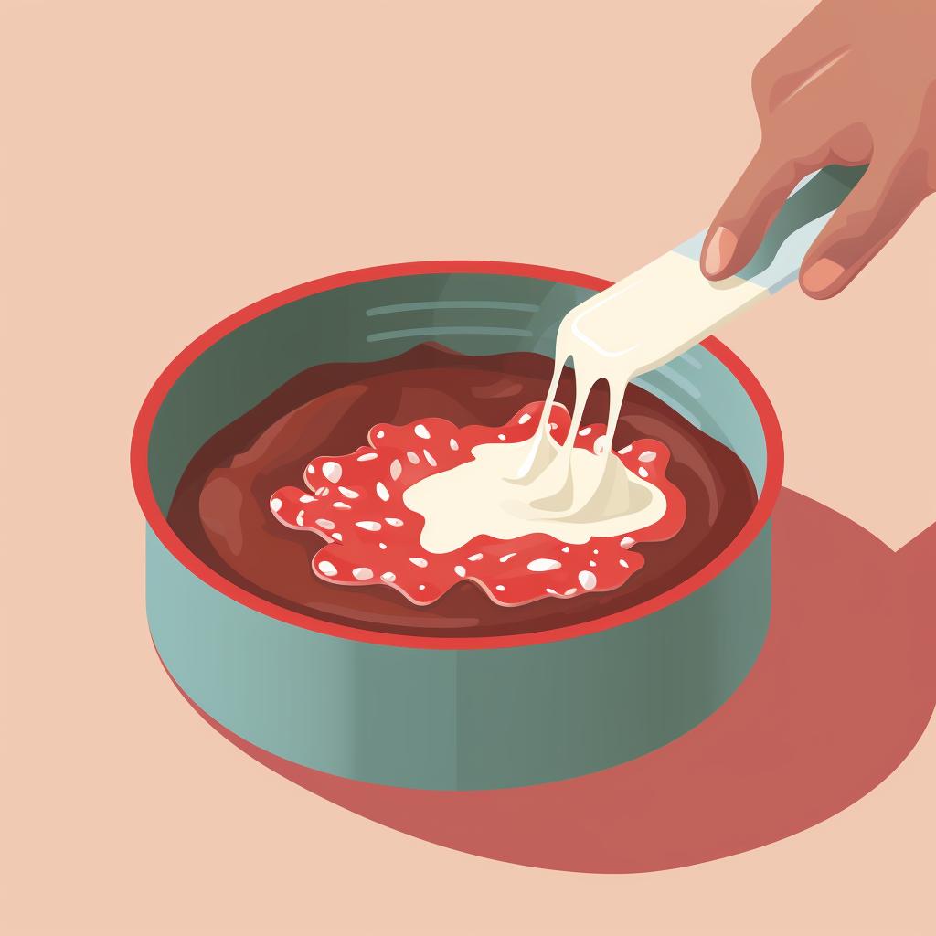 Batter being poured into a cake pan, ready for baking.